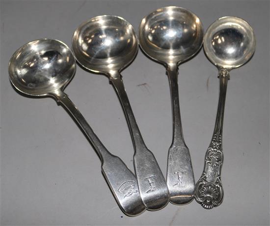 A pair of George III silver Old English pattern sauce ladles and 2 others incl. Glasgow